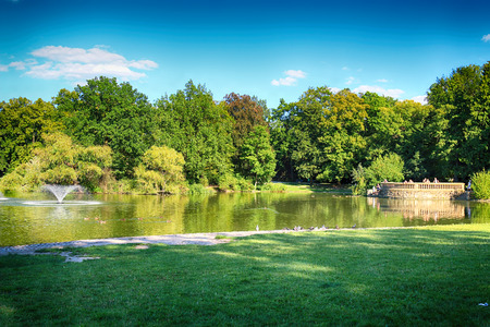 WROCLAW, POLAND - AUGUST 07, 2017: South Park in Wroclaw was built out of nothing in the south of the city in 1877. Hugo Richter and Ferdinand Cohn had created a park with meadows and a large pond.のeditorial素材