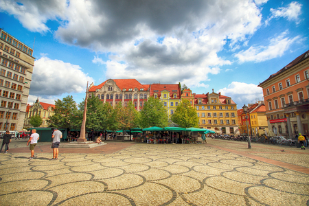 WROCLAW, POLAND - AUGUST 23, 2017: Wroclaw Old Town. Salt Square. City with one of the most colorful market squares in Europe. Historical capital of Lower Silesia, Poland, Europe.のeditorial素材