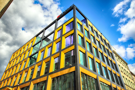 WROCLAW, POLAND - AUGUST 23, 2017: Wroclaw Old Town. Olawska Street. Twelve Offices designed by Chamielec Architekci, built in the years 2015-2017. Futuristic building on a summer day.のeditorial素材