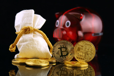 Physical version of Bitcoin (new virtual money) and Piggy Bank. Conceptual image for worldwide cryptocurrency and digital payment system called the first decentralized digital currency.の写真素材