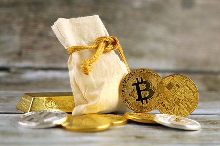 Physical version of Bitcoin, new virtual money. Conceptual image for worldwide cryptocurrency and digital payment system called the first decentralized digital currency.の写真素材