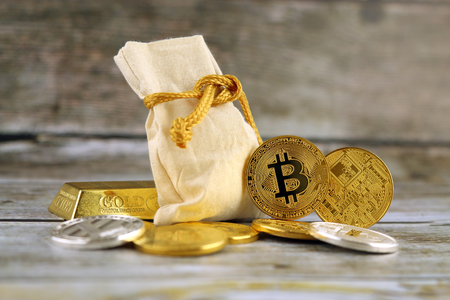 Physical version of Bitcoin, new virtual money. Conceptual image for worldwide cryptocurrency and digital payment system called the first decentralized digital currency.の写真素材