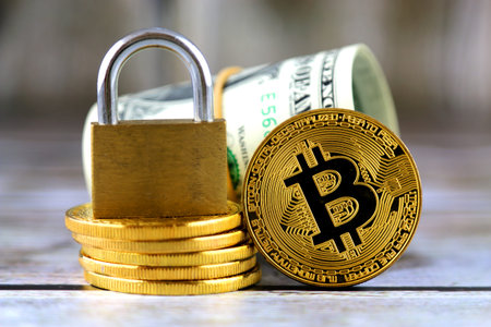 Physical version of Bitcoin (new virtual money), golden padlock and banknotes of one dollar....