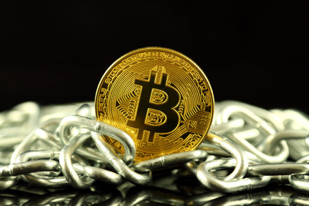 Physical version of Bitcoin (new virtual money) and chain. Conceptual image for investors in...