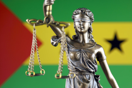 Symbol of law and justice with Sao Tome and Principe Flag. Close up.の写真素材