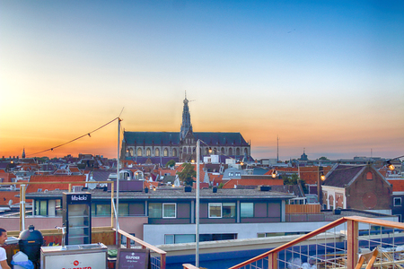 HAARLEM, NETHERLANDS - JULY 08, 2018 : Historical buildings in old Haarlem during sunset. Aerial view.のeditorial素材