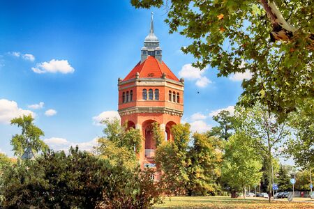 WROCLAW, POLAND - AUGUST 18, 2018: The water tower at Sudecka Street in Wroclaw, 63 meters high, designed by Karl Klimm. Built 1904-1905, situated in Borek, the district of Krzyki, Wroclaw, Poland.のeditorial素材