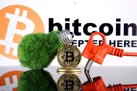 Bitcoin (BTC) and green, renewable energy concept. Electricity prices, energy saving in the...