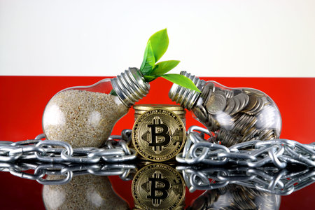 Bitcoin (BTC), green renewable energy concept, and Poland Flag. Electricity prices, energy saving in...