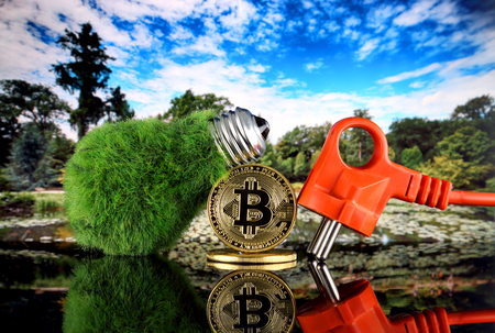 Bitcoin (BTC) and green, renewable energy concept. Electricity prices, energy saving in the cryptocurrency mining business.の写真素材