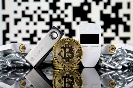 WROCLAW, POLAND - JULY 06, 2019: Physical version of Bitcoin (BTC), Trezor and Ledger...