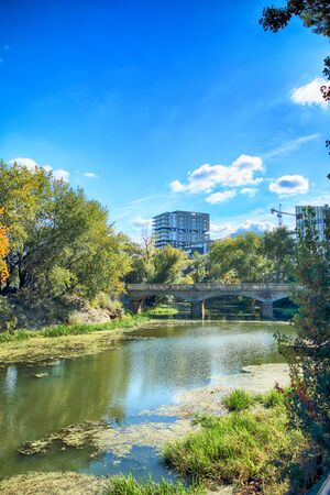 WROCLAW, POLAND - OCTOBER 06, 2019: Wroclaw Old Town. Olawski Bridge is a road bridge over the Olawa River in Wroclaw, Poland. It was constructed during 1882â1883 and was designed by Alexander Kaumann.のeditorial素材