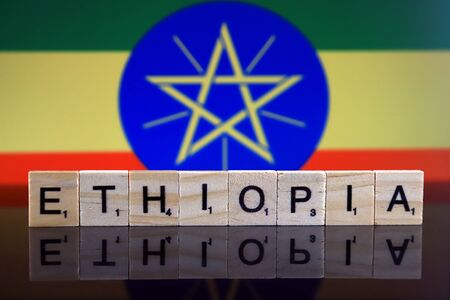 Ethiopia Flag and country name made of small wooden letters. Studio shot.の写真素材