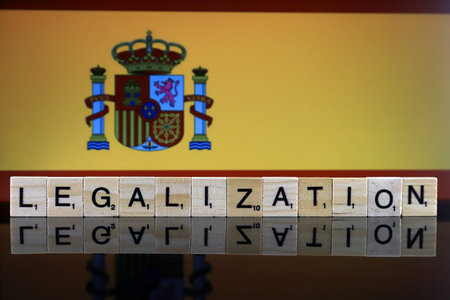 WROCLAW, POLAND - FEBRUARY 04, 2020: Spain Flag and word LEGALIZATION made of small wooden letters....