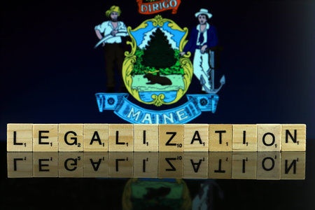 WROCLAW, POLAND - FEBRUARY 04, 2020: Maine State Flag and word LEGALIZATION made of small wooden...