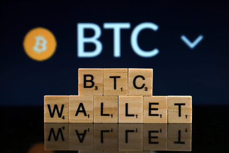 WROCLAW, POLAND - FEBRUARY 04, 2020: Words BTC WALLET made of small wooden letters. Bitcoin (BTC)...