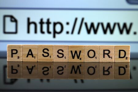 WROCLAW, POLAND - FEBRUARY 12, 2020: Word PASSWORD made of small wooden letters, and HTTP WWW sign in the background. Studio shot.のeditorial素材