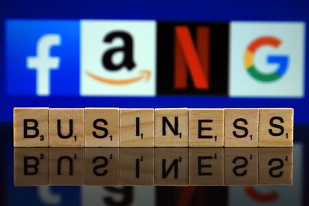 WROCLAW, POLAND - FEBRUARY 12, 2020: Word BUSINESS made of small wooden letters, and FACEBOOK, AMAZON, NETFLIX, GOOGLE logos in the background. Studio shot.のeditorial素材