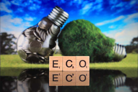 WROCLAW, POLAND - FEBRUARY 28, 2020: The word ECO made of scrabble letters, coins inside the light bulb, green eco light bulb with grass and blue sky background. Renewable energy concept.のeditorial素材