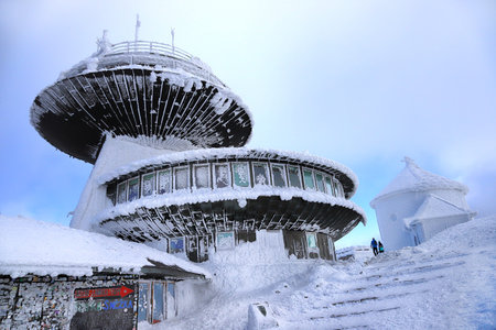 KARPACZ, POLAND - MARCH 08, 2020: A disc-shaped observatory with a weather station and restaurant...