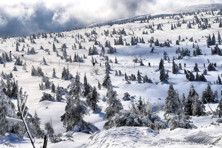 KARPACZ, POLAND - MARCH 08, 2020: Tourist trail to Sniezka (mountain on the border between the Czech...