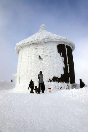 KARPACZ, POLAND - MARCH 08, 2020: St. Lawrence's Chapel in the Winter. A Roman Catholic chapel located on the peak of Sniezka mountain (1602 m. above sea level), Giant Mountains, Poland, Europe.のeditorial素材