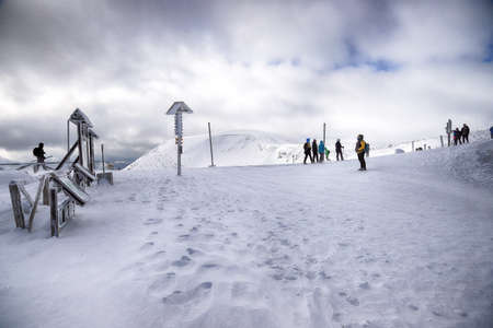 KARPACZ, POLAND - MARCH 08, 2020: Tourist trail to Sniezka (mountain on the border between the Czech Republic and Poland). Winter landscape. Giant Mountains, Poland, Europe.のeditorial素材