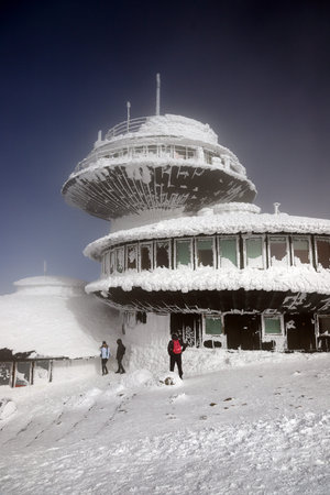 KARPACZ, POLAND - MARCH 08, 2020: A disc-shaped observatory with a weather station and restaurant...