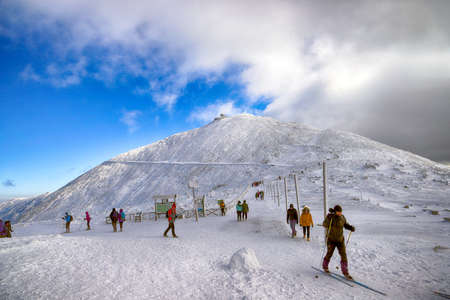 KARPACZ, POLAND - MARCH 08, 2020: Tourist trail to Sniezka (mountain on the border between the Czech Republic and Poland). Winter landscape. Giant Mountains, Poland, Europe.のeditorial素材