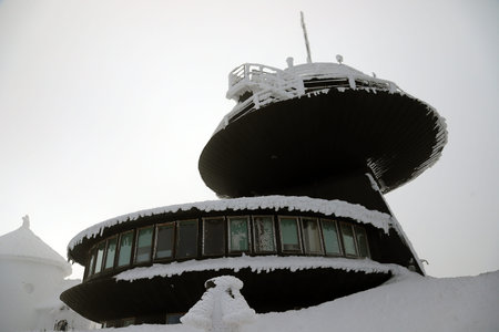 KARPACZ, POLAND - MARCH 08, 2020: A disc-shaped observatory with a weather station and restaurant...