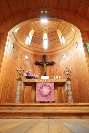 KARPACZ, POLAND - MARCH 09, 2020: Interior of the old wooden temple Vang (Wang). Medieval Norwegian stave church which was transferred from Vang in Norway to Karpacz, Poland, Europe.