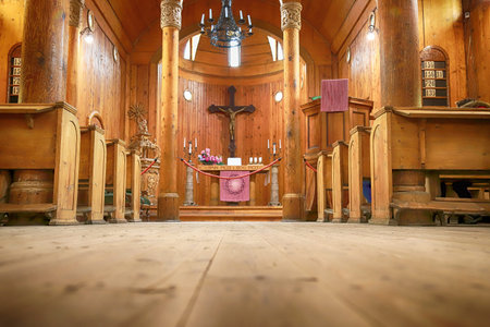 KARPACZ, POLAND - MARCH 09, 2020: Interior of the old wooden temple Vang (Wang). Medieval Norwegian...