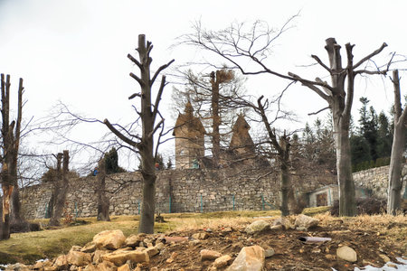 KARPACZ, POLAND - MARCH 09, 2020: Old wooden temple Vang (Wang). Medieval Norwegian stave church which was transferred from Vang in Norway and re-erected in 1842 in Karpacz, Poland, Europe.のeditorial素材