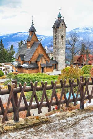 KARPACZ, POLAND - MARCH 09, 2020: Old wooden temple Vang (Wang). Medieval Norwegian stave church which was transferred from Vang in Norway and re-erected in 1842 in Karpacz, Poland, Europe.のeditorial素材