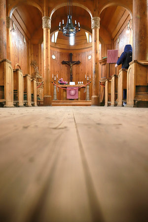 KARPACZ, POLAND - MARCH 09, 2020: Interior of the old wooden temple Vang (Wang). Medieval Norwegian...