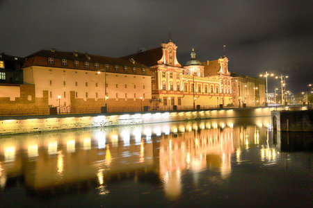 WROCLAW, POLAND - MARCH 10, 2020: Night view of the Building of the Ossolineum Library. Wroclaw Old...