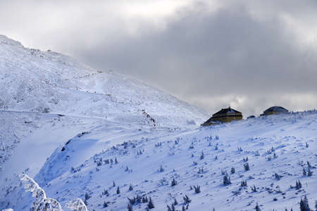 KARPACZ, POLAND - MARCH 08, 2020: Tourist trail to Sniezka (mountain on the border between the Czech Republic and Poland). Winter landscape. Giant Mountains, Poland, Europe.のeditorial素材