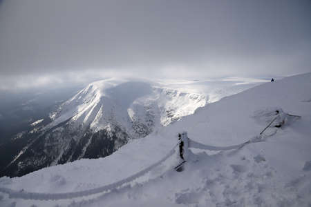KARPACZ, POLAND - MARCH 08, 2020: Snezka or Sniezka (in Czech and Polish) is a mountain on the border between the Czech Republic and Poland, Giant Mountains, Poland, Europe.のeditorial素材