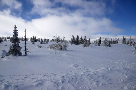 KARPACZ, POLAND - MARCH 08, 2020: Tourist trail to Sniezka (mountain on the border between the Czech Republic and Poland). Winter landscape. Giant Mountains, Poland, Europe.のeditorial素材