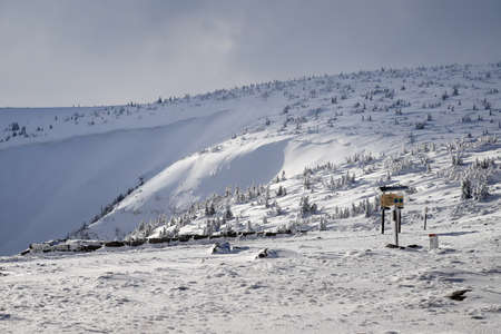 KARPACZ, POLAND - MARCH 08, 2020: Tourist trail to Sniezka (mountain on the border between the Czech Republic and Poland). Winter landscape. Giant Mountains, Poland, Europe.のeditorial素材
