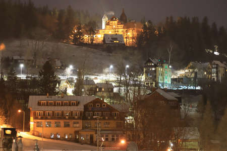 KARPACZ, POLAND - MARCH 08, 2020: Night view of Karpacz. Is a spa town and ski resort in south-western Poland, and one of the most important centres for mountain hiking and skiing, Poland, Europe.のeditorial素材