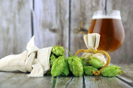 Glass of craft beer and fresh hop cones on a wooden background.の写真素材