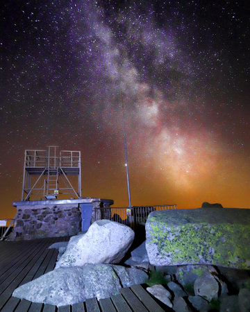 SZKLARSKA POREBA, POLAND - AUGUST 11, 2020: The Milky Way seen from the observation deck on Szrenica (1362 m above sea level), Szklarska Poreba, Poland, Europe.のeditorial素材