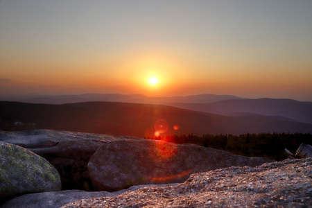 Sunset over the Giant Mountains. View from observation deck in the Szrenica mountain shelter (1362 m above sea level), Szklarska Poreba, Poland, Europe.の写真素材