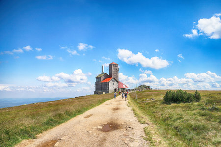 Tourist trail in the Giant Mountains. Hiking trail on the border between Poland and the Czech...