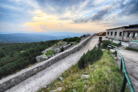 Szrenica mountain shelter (1362 m above sea level) during sunset, Szklarska Poreba, Poland, Europe.