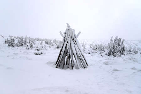 Tourist trail to Sniezka (mountain on the border between the Czech Republic and Poland). Winter landscape. Giant Mountains, Poland, Europe.の写真素材