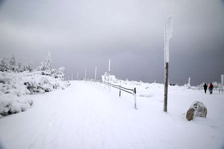 Tourist trail to Sniezka (mountain on the border between the Czech Republic and Poland). Winter landscape. Giant Mountains, Poland, Europe.の写真素材