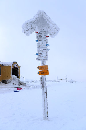 KARPACZ, POLAND - JANUARY 06, 2021: Tourist trail to Sniezka (mountain on the border between the Czech Republic and Poland). Winter landscape. Giant Mountains, Poland, Europe.のeditorial素材