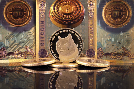 A physical version of Dogecoin (Cryptocurrency) in the form of coin and Bitcoin banknotes. A conceptual image for investors in the fast-growing cryptocurrency and blockchain technology market.の写真素材